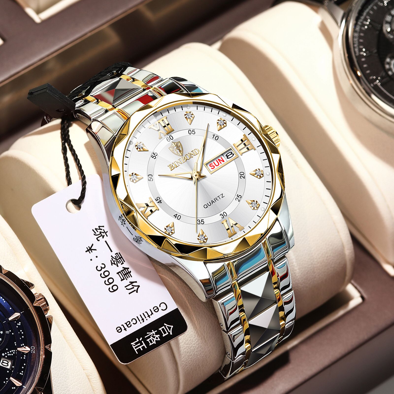 Luxury Binbond authentic men's watch waterproof night light dual calendar watch men's quartz watch diamond ceiling glass- Silver & Golden