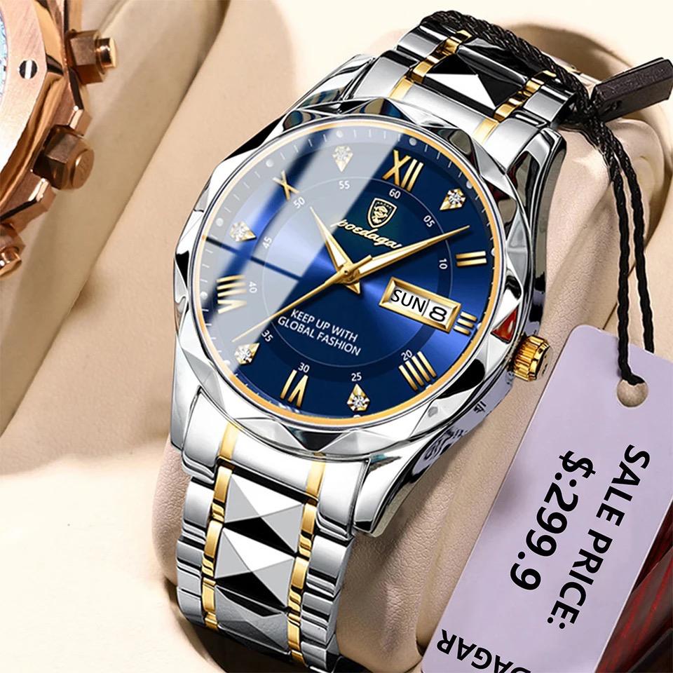 POEDAGAR Brand Fashion Mens Watch Luxury Top Business Stainless Steel Waterproof Wristwatches Male Sport Luminous Date Man Clock- Blue