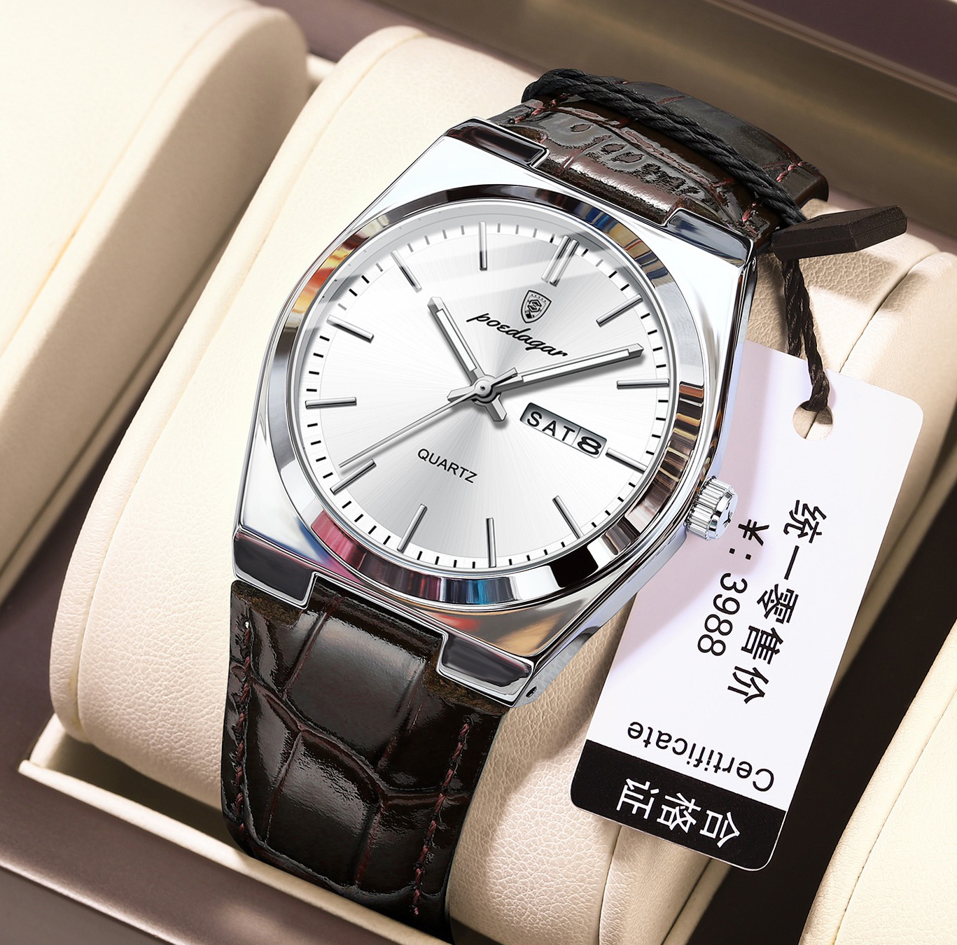 POEDAGAR 930 belt Luxury Watch for Men Leather Man Wristwatch Quartz- Silver