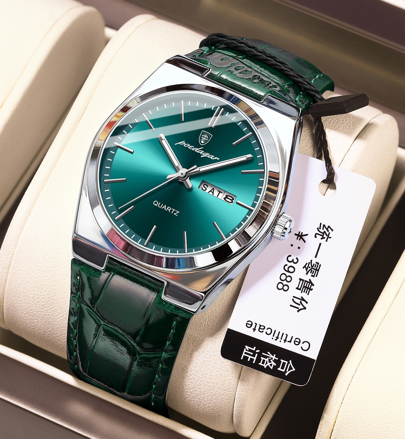 POEDAGAR 930 belt Luxury Watch for Men Leather Man Wristwatch Quartz- Green