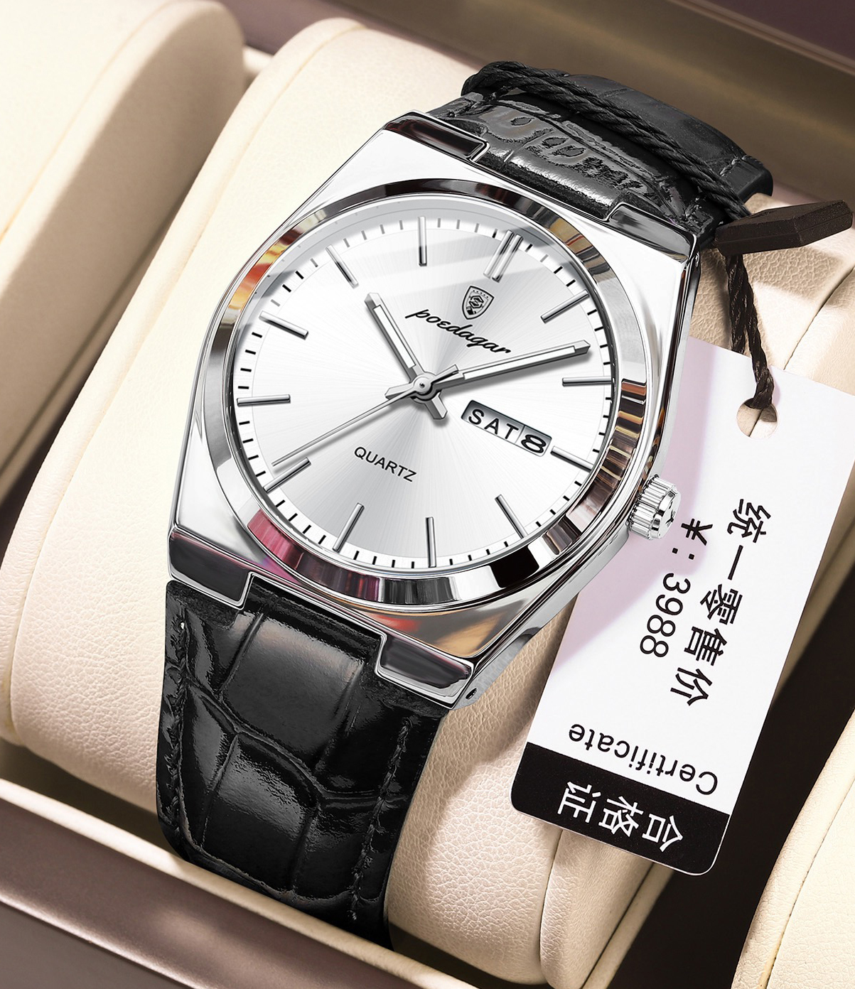 POEDAGAR 930 belt Luxury Watch for Men Leather Man Wristwatch Quartz- Silver & Black