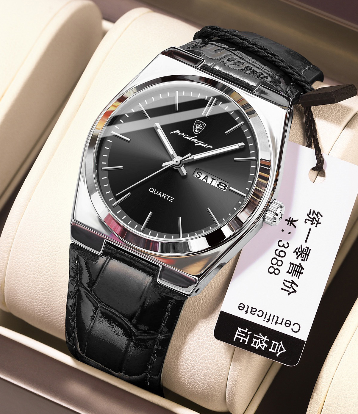 POEDAGAR 930 belt Luxury Watch for Men Leather Man Wristwatch Quartz- Black