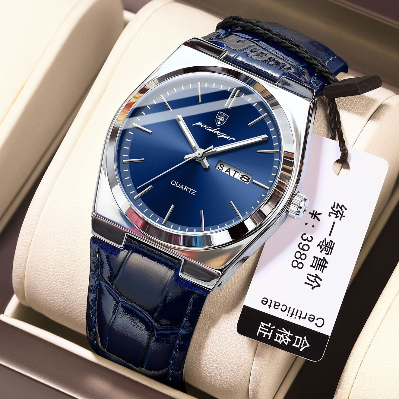 POEDAGAR 930 belt Luxury Watch for Men Leather Man Wristwatch Quartz- Blue