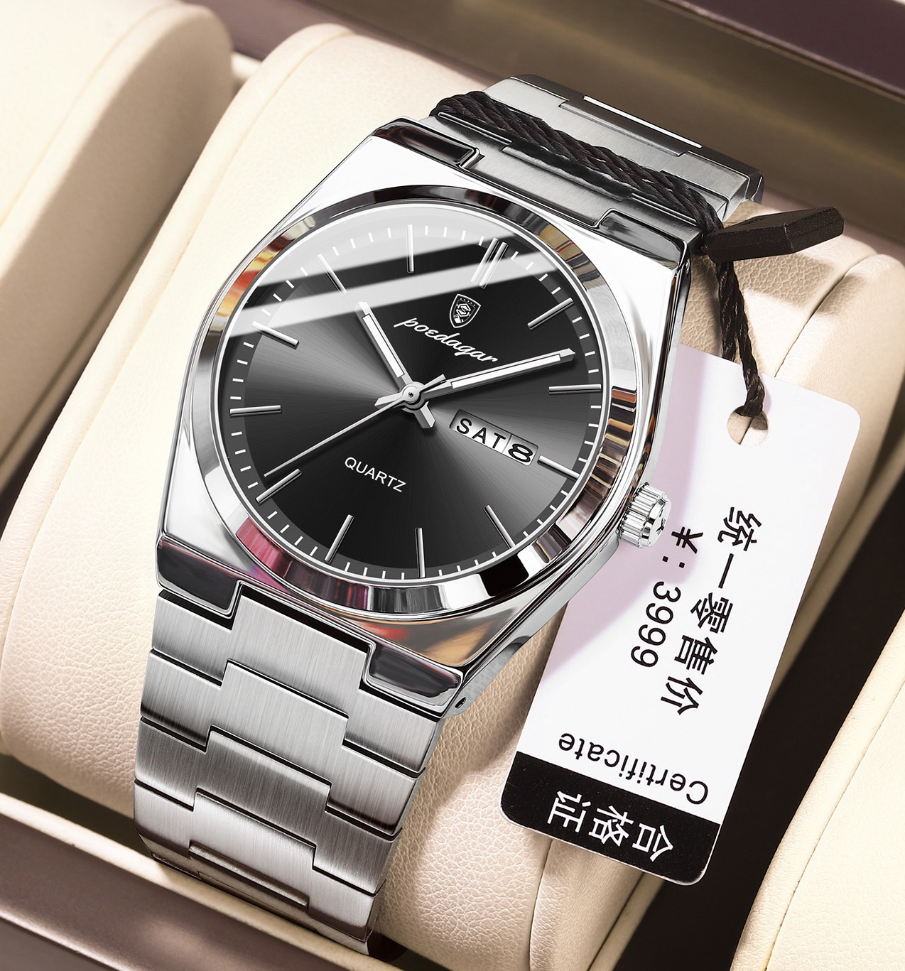 POEDAGAR 930 Business Waterproof Luminous Steel Square Quartz Men Watch- Black